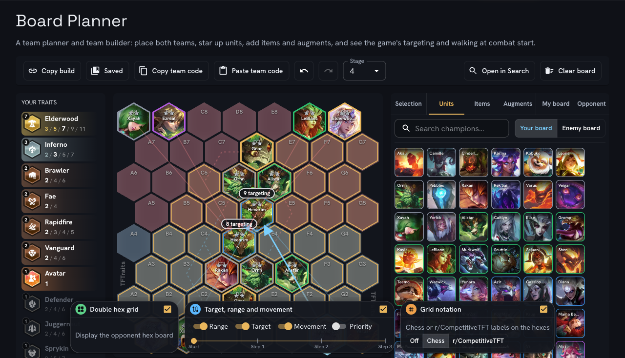 The Board Planner: two comps on the hex grid with target lines, ranges and walking paths at combat start.