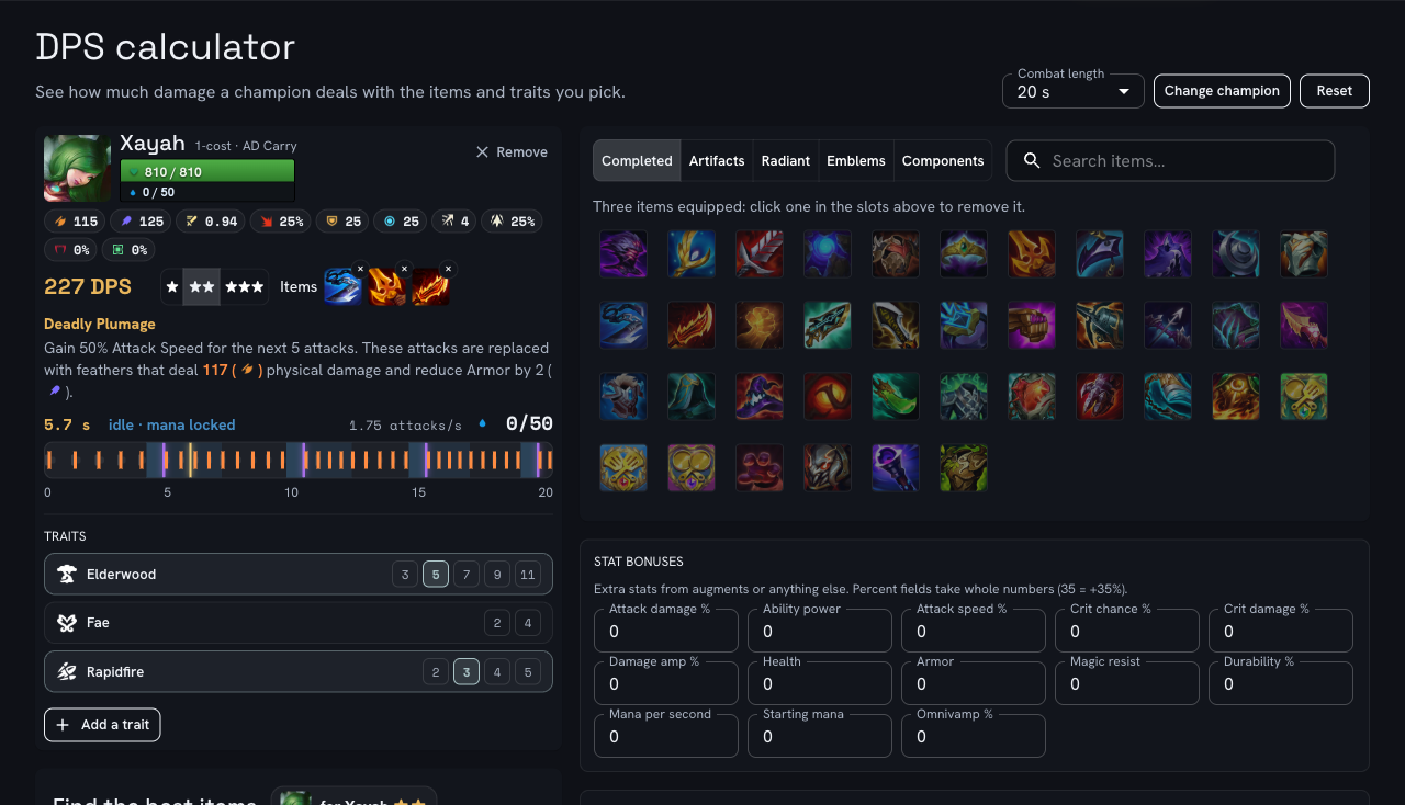 The DPS Calculator: Xayah with three items, live ability numbers, the attack and mana timeline and the item palette.
