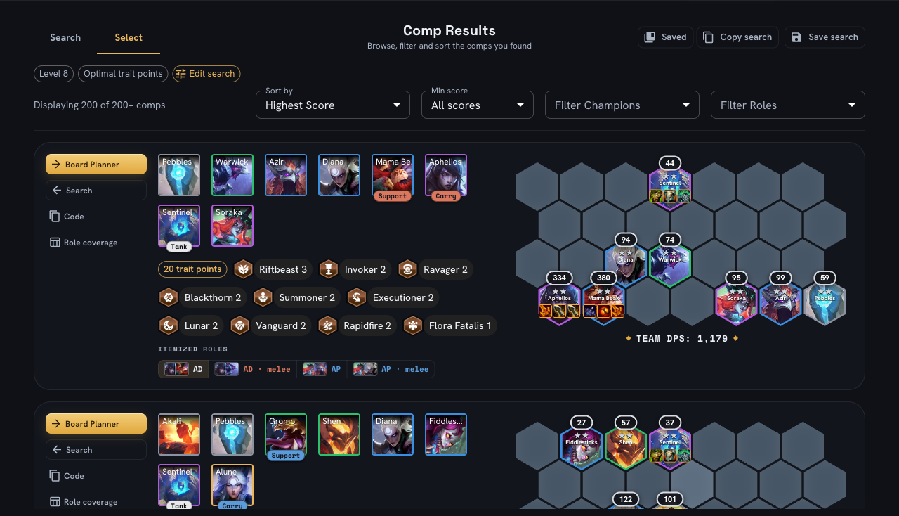 Trait Explorer results: ranked comps with champions, active traits, role chips and a positioned board preview.