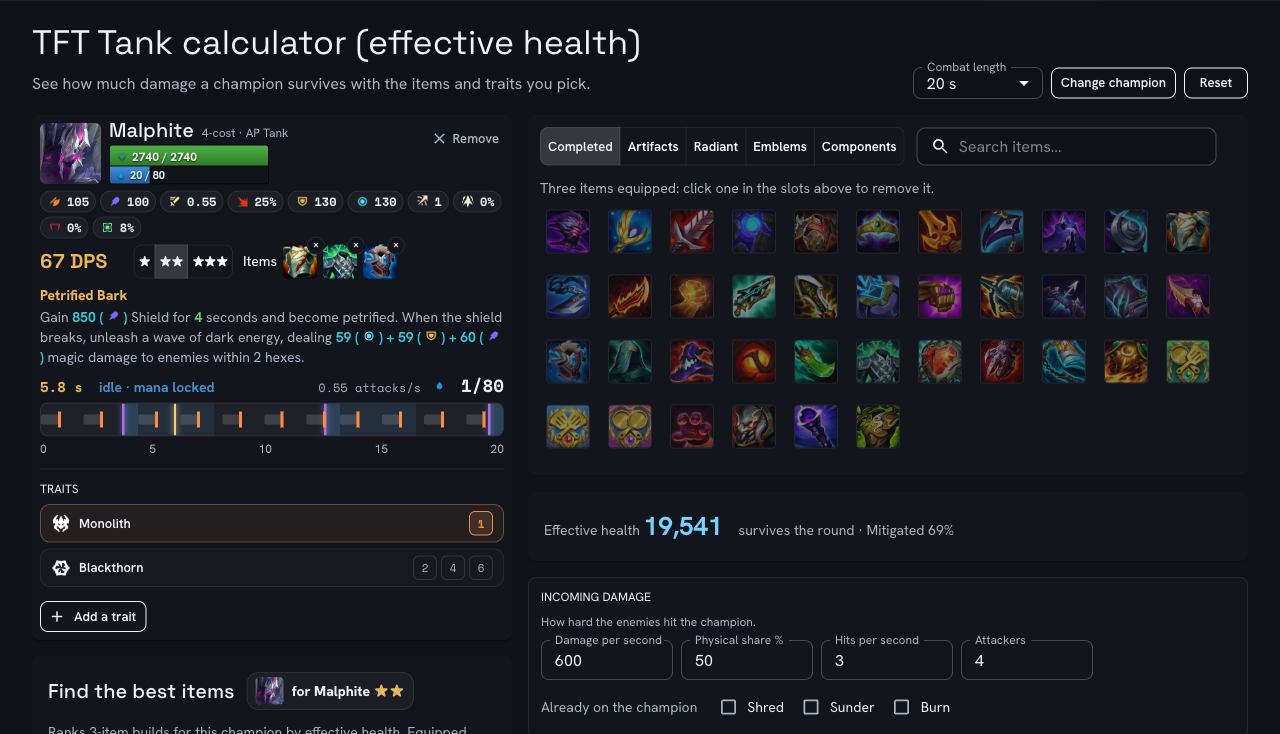The Tank Calculator: Malphite with three items, effective health, mitigation and the incoming damage stream form.